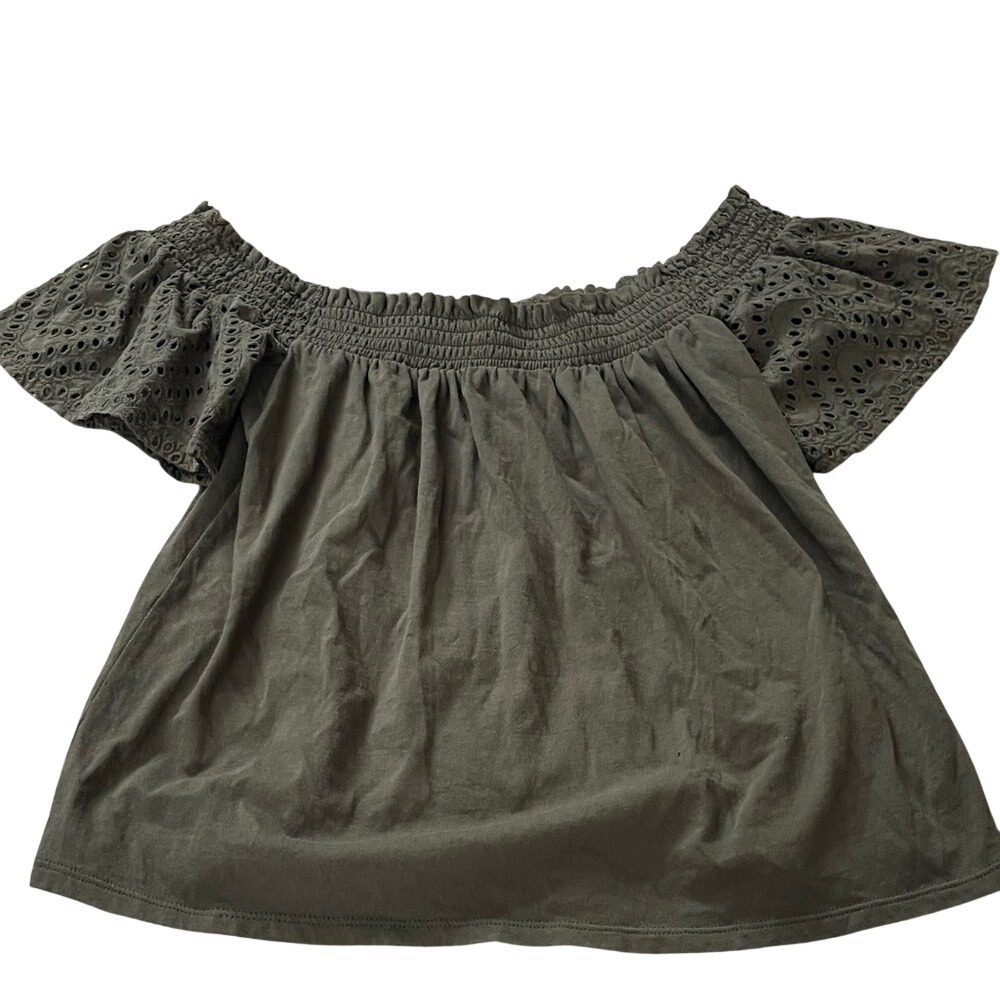 Express One Eleven Olive Green Eyelet Sleeve Smocked Off The Shoulder‎ Top M